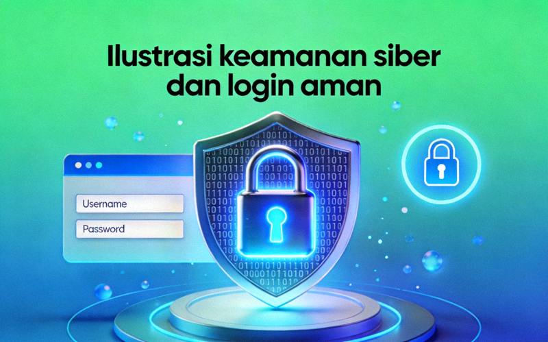 Ilustrasi keamanan siber dan login aman dengan simbol gembok dan perisai