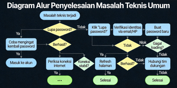 Diagram alur sederhana untuk penyelesaian masalah teknis umum seperti lupa password atau gagal loading