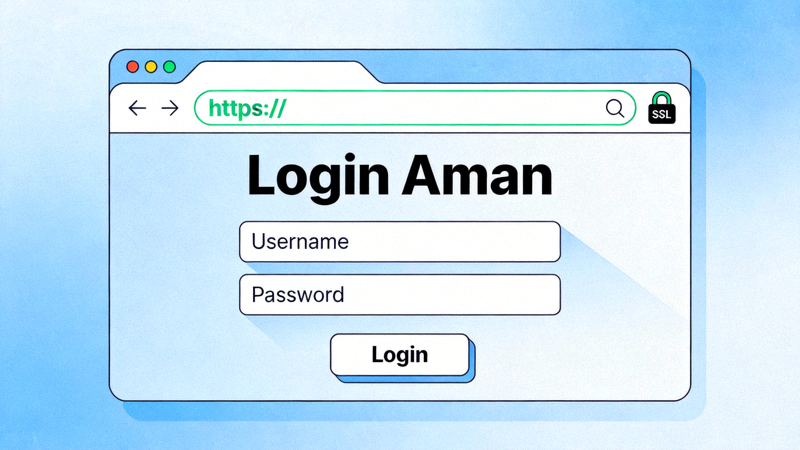 Ilustrasi halaman login aman dengan indikator HTTPS dan gembok SSL di address bar browser