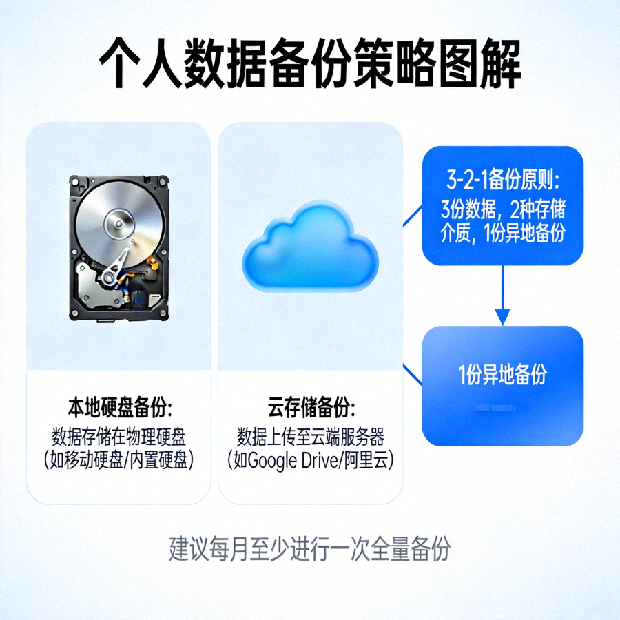 个人数据备份策略图解 - 展示本地硬盘、云存储与3-2-1备份原则