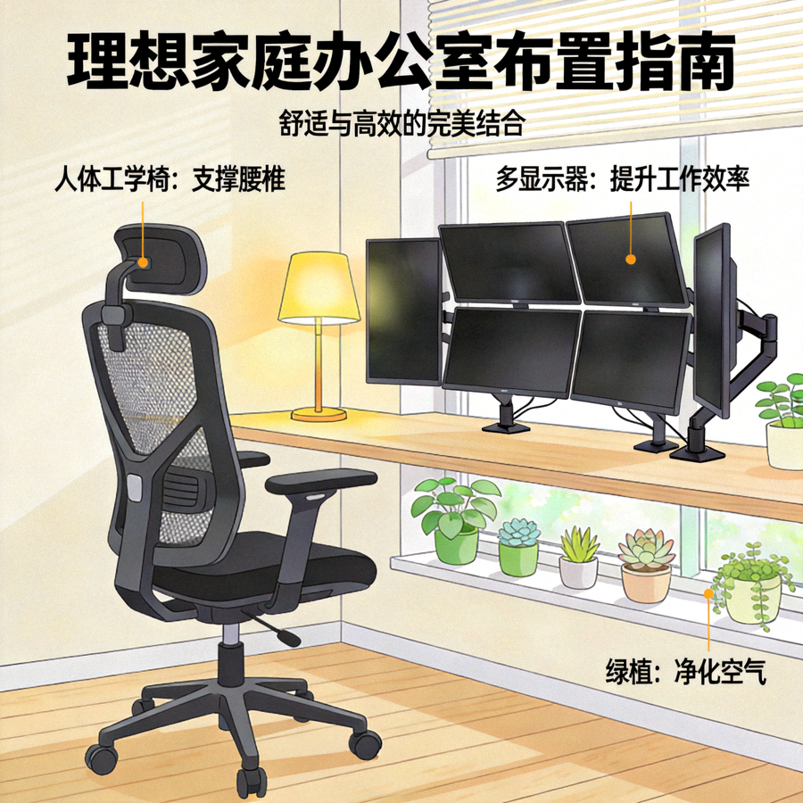 理想家庭办公室布置指南 - 包含人体工学椅、多显示器与绿植