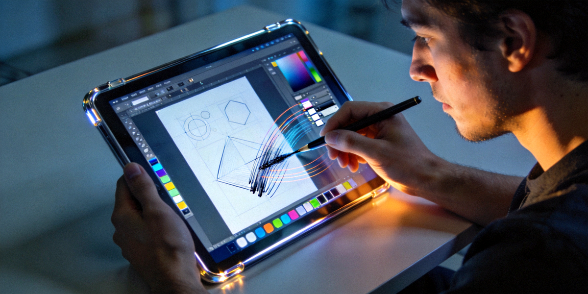 数字创意工具 - 展示设计师使用平板电脑进行创作的场景