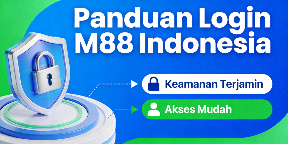 Banner panduan login M88 Indonesia dengan ilustrasi keamanan dan akses mudah
