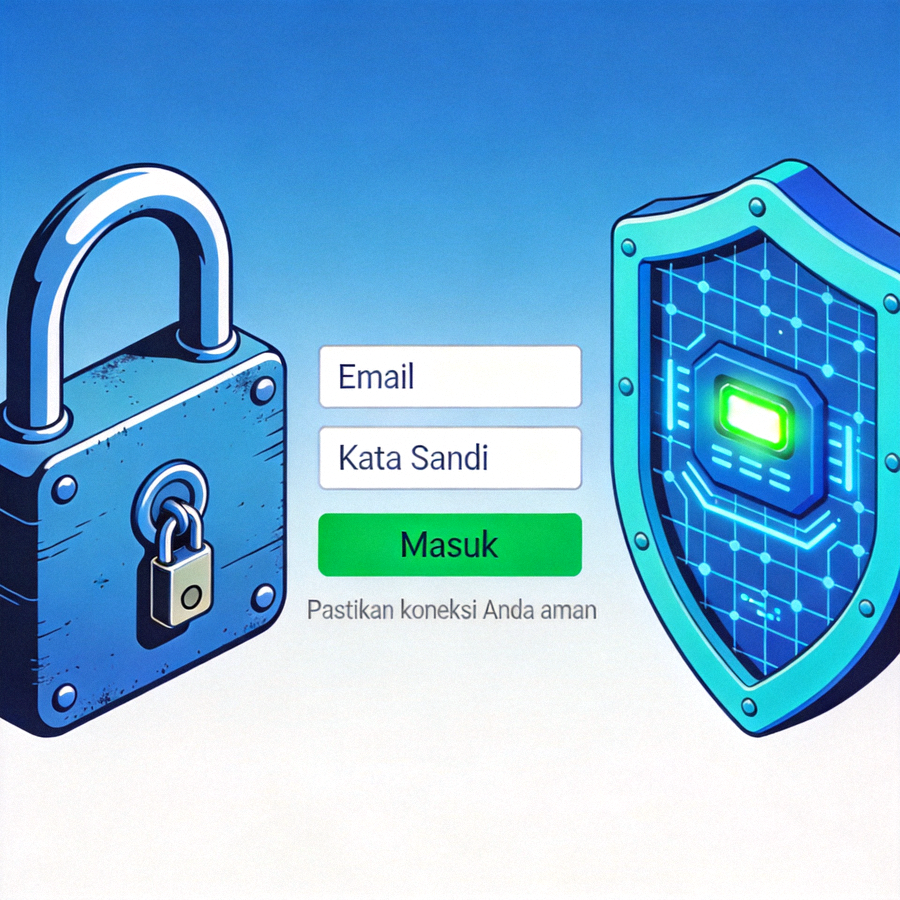 Ilustrasi grafis tentang keamanan login online dengan simbol gembok dan perisai digital