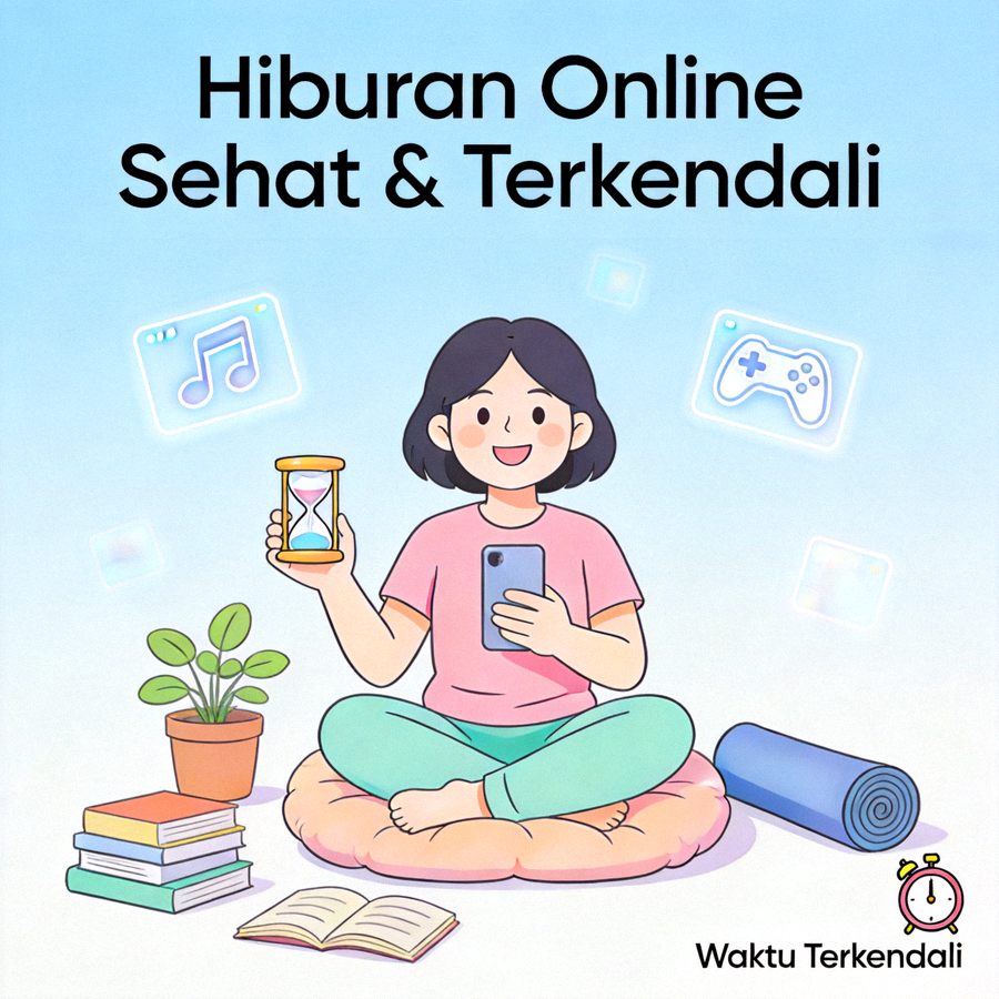 Ilustrasi konsep hiburan online yang sehat dan terkendali dengan simbol pengaturan waktu