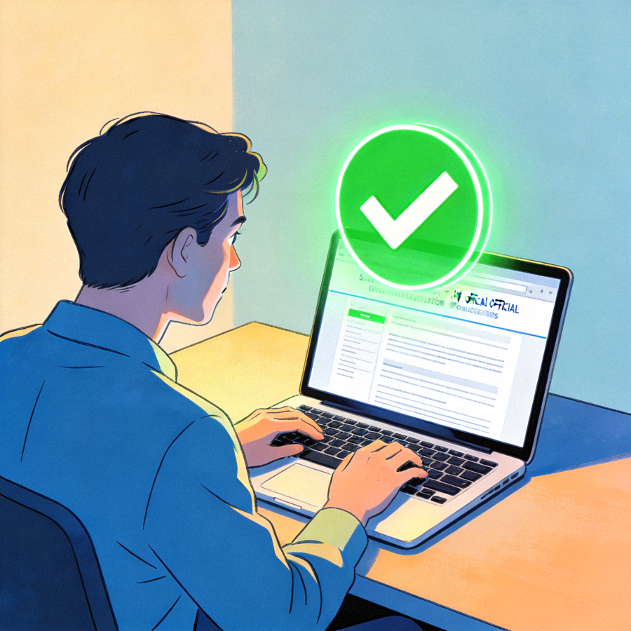 Ilustrasi orang mencari informasi resmi di internet dengan simbol centang hijau