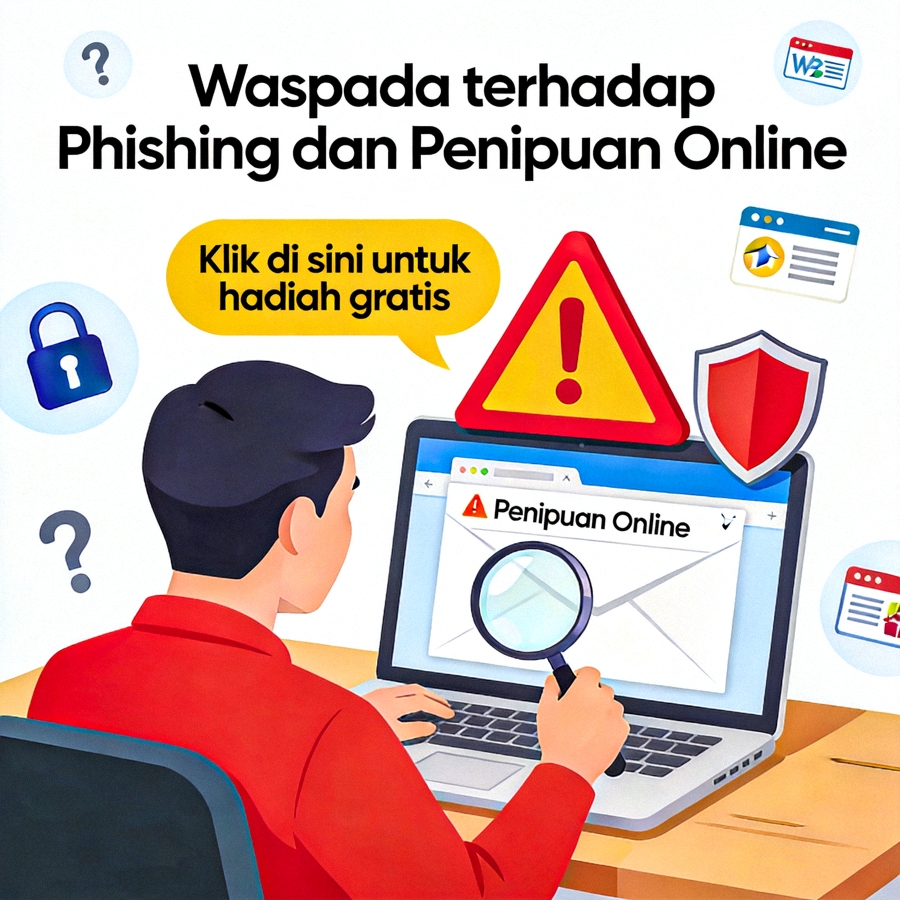 Ilustrasi tentang waspada terhadap phishing dan penipuan online dengan simbol peringatan