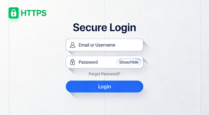 Contoh ilustrasi generik halaman login yang aman dengan indikator HTTPS dan field input